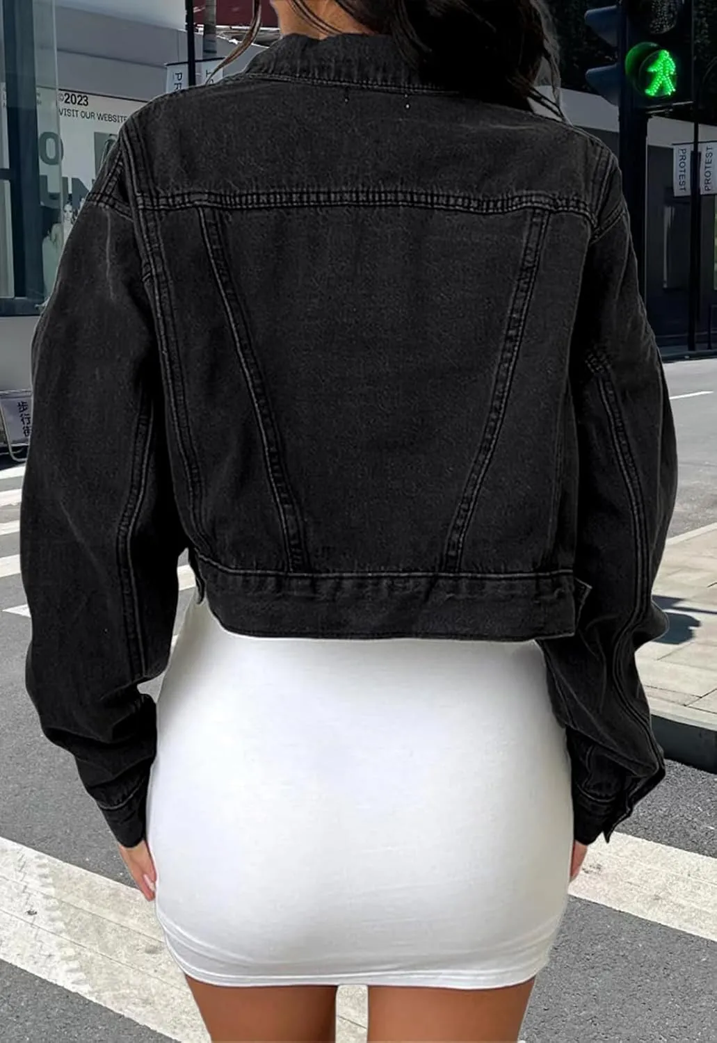 Women's Denim Jackets Cropped Jean Jacket Long Sleeve Casual Button Down Crop Jean Jacket