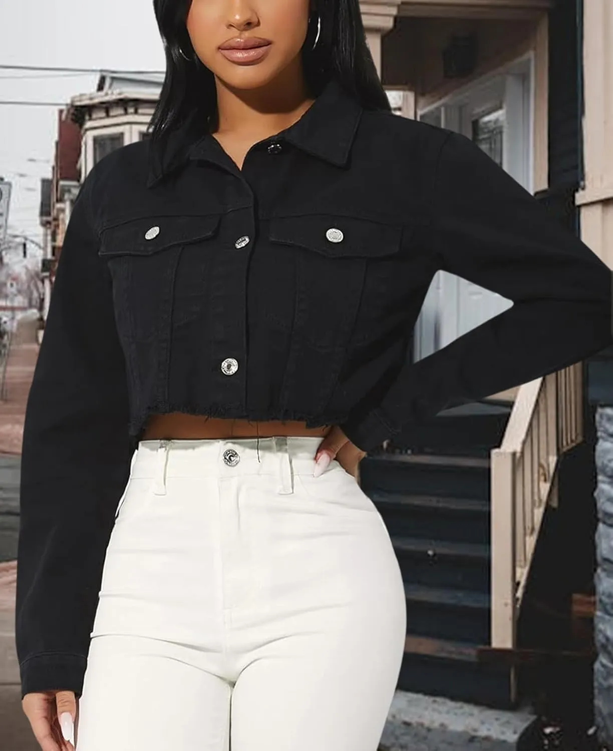 Women's Denim Jackets Cropped Jean Jacket Long Sleeve Casual Button Down Crop Jean Jacket