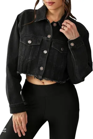 Women's Denim Jackets Cropped Jean Jacket Long Sleeve Casual Button Down Crop Jean Jacket