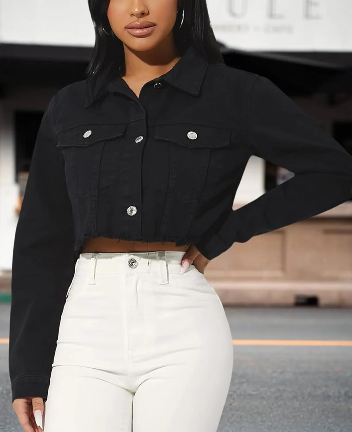 Women's Denim Jackets Cropped Jean Jacket Long Sleeve Casual Button Down Crop Jean Jacket