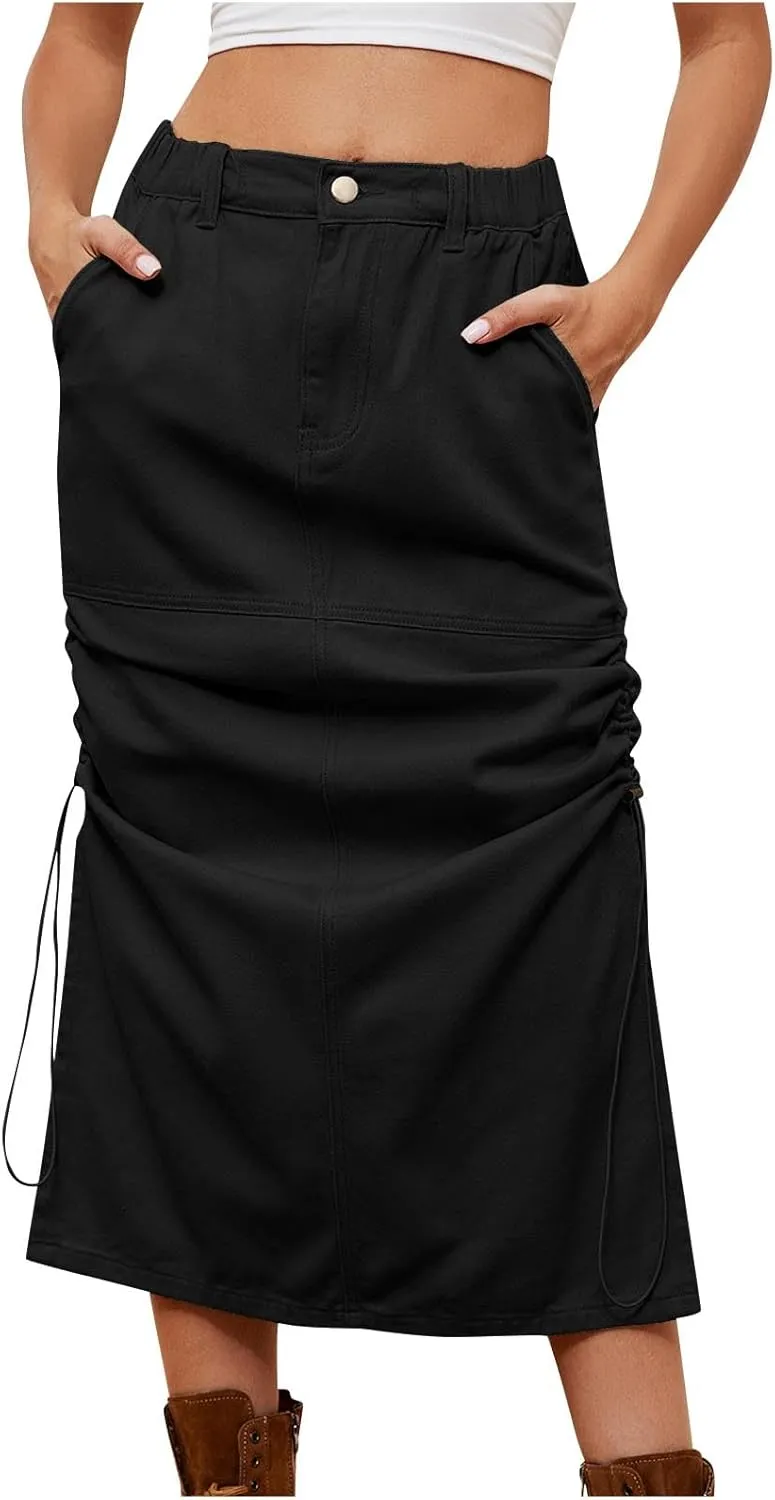 Womens Denim Skirts Long Cargo Skirts High Waisted Jean Skirts Midi Length Skirts Y2k Denim Cargo Skirts with Pockets