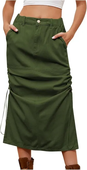 Womens Denim Skirts Long Cargo Skirts High Waisted Jean Skirts Midi Length Skirts Y2k Denim Cargo Skirts with Pockets