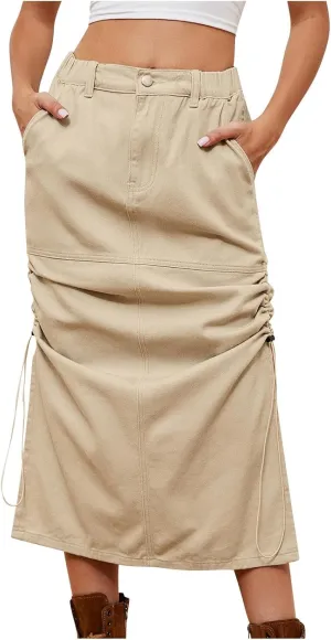 Womens Denim Skirts Long Cargo Skirts High Waisted Jean Skirts Midi Length Skirts Y2k Denim Cargo Skirts with Pockets