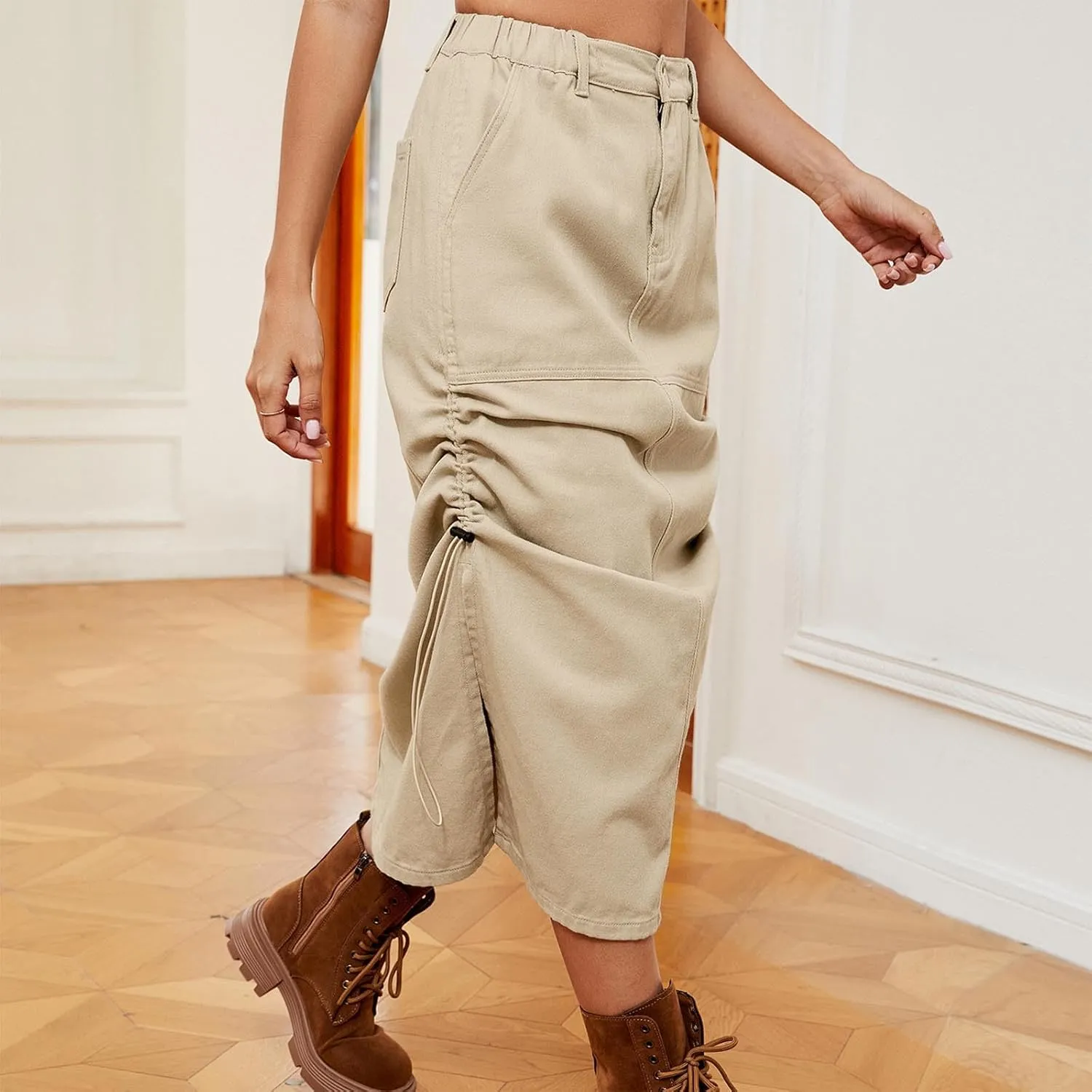 Womens Denim Skirts Long Cargo Skirts High Waisted Jean Skirts Midi Length Skirts Y2k Denim Cargo Skirts with Pockets