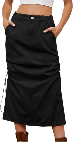 Womens Denim Skirts Long Cargo Skirts High Waisted Jean Skirts Midi Length Skirts Y2k Denim Cargo Skirts with Pockets