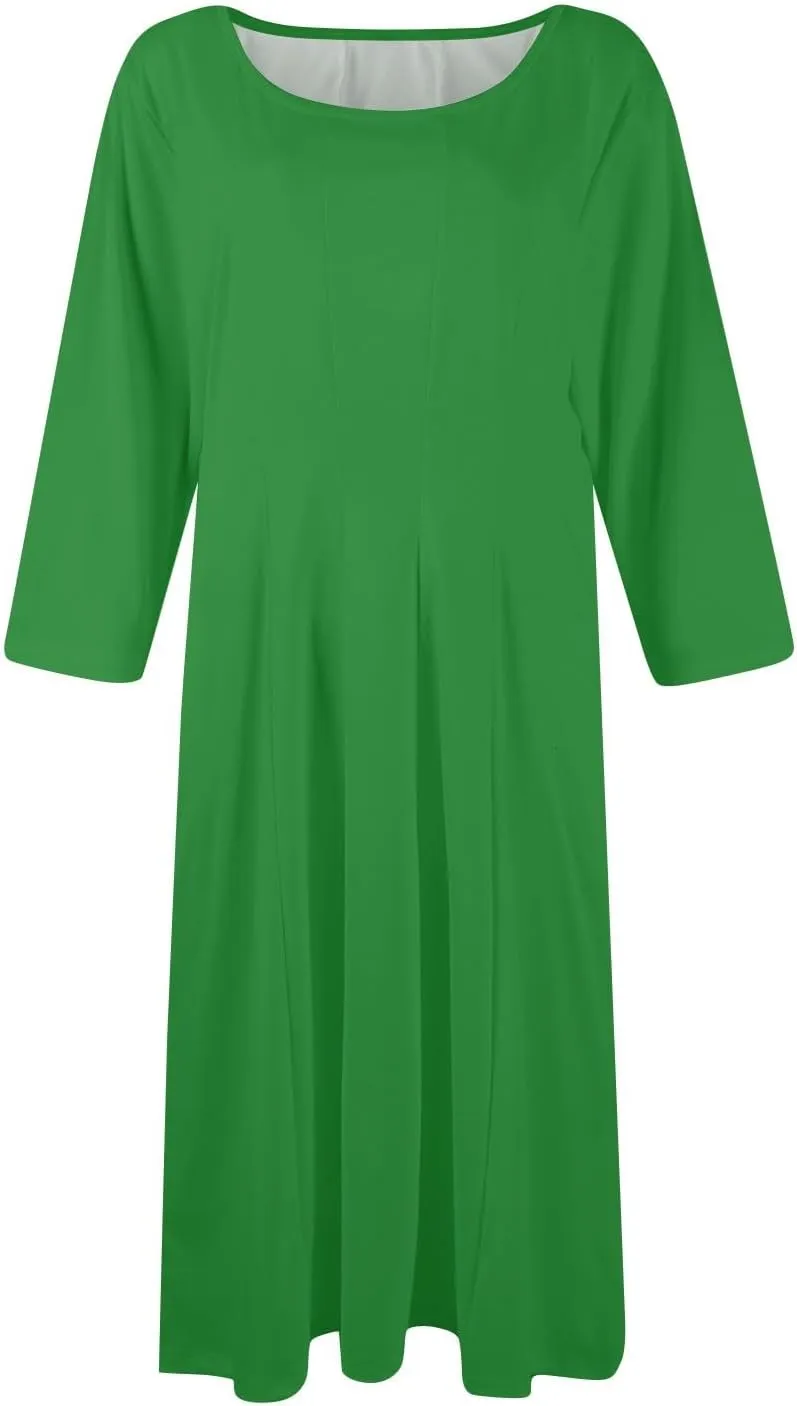 Womens Dress 3/4 Sleeve Summer Wrap Dress Plus Size Solid Plain Pleated Midi Dresses Spring Crewneck Dresses with Pocket