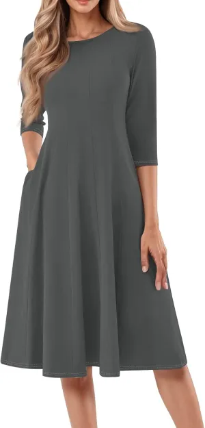 Womens Dress 3/4 Sleeve Summer Wrap Dress Plus Size Solid Plain Pleated Midi Dresses Spring Crewneck Dresses with Pocket
