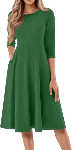 Womens Dress 3/4 Sleeve Summer Wrap Dress Plus Size Solid Plain Pleated Midi Dresses Spring Crewneck Dresses with Pocket