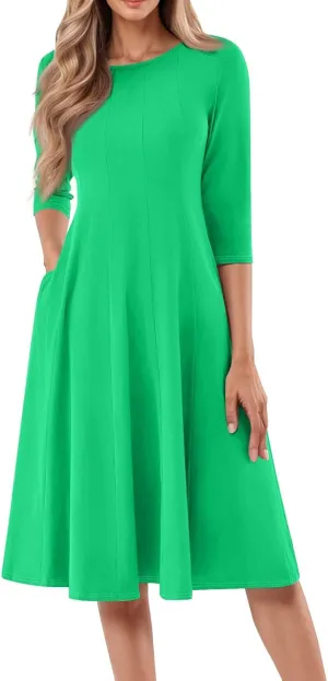 Womens Dress 3/4 Sleeve Summer Wrap Dress Plus Size Solid Plain Pleated Midi Dresses Spring Crewneck Dresses with Pocket
