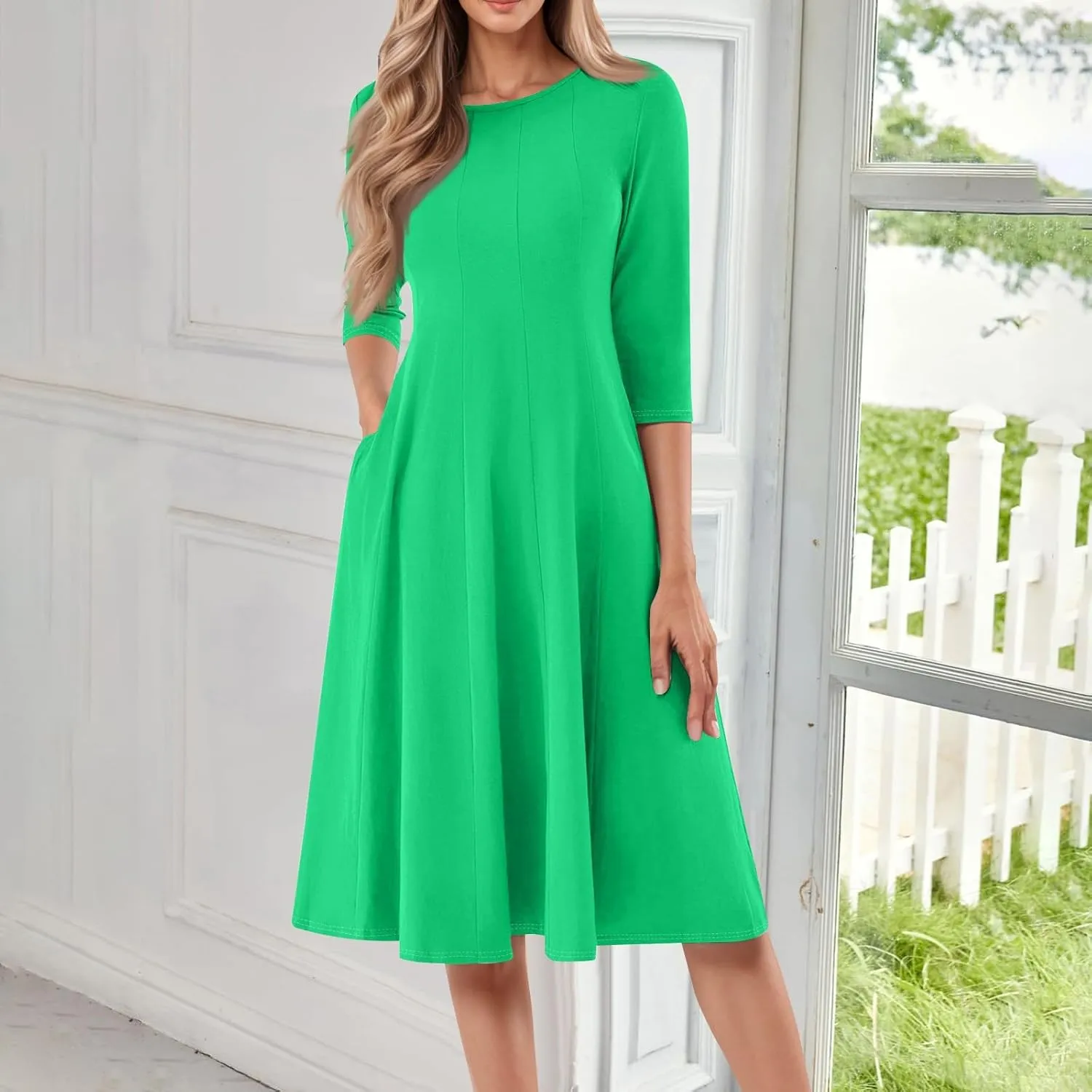 Womens Dress 3/4 Sleeve Summer Wrap Dress Plus Size Solid Plain Pleated Midi Dresses Spring Crewneck Dresses with Pocket