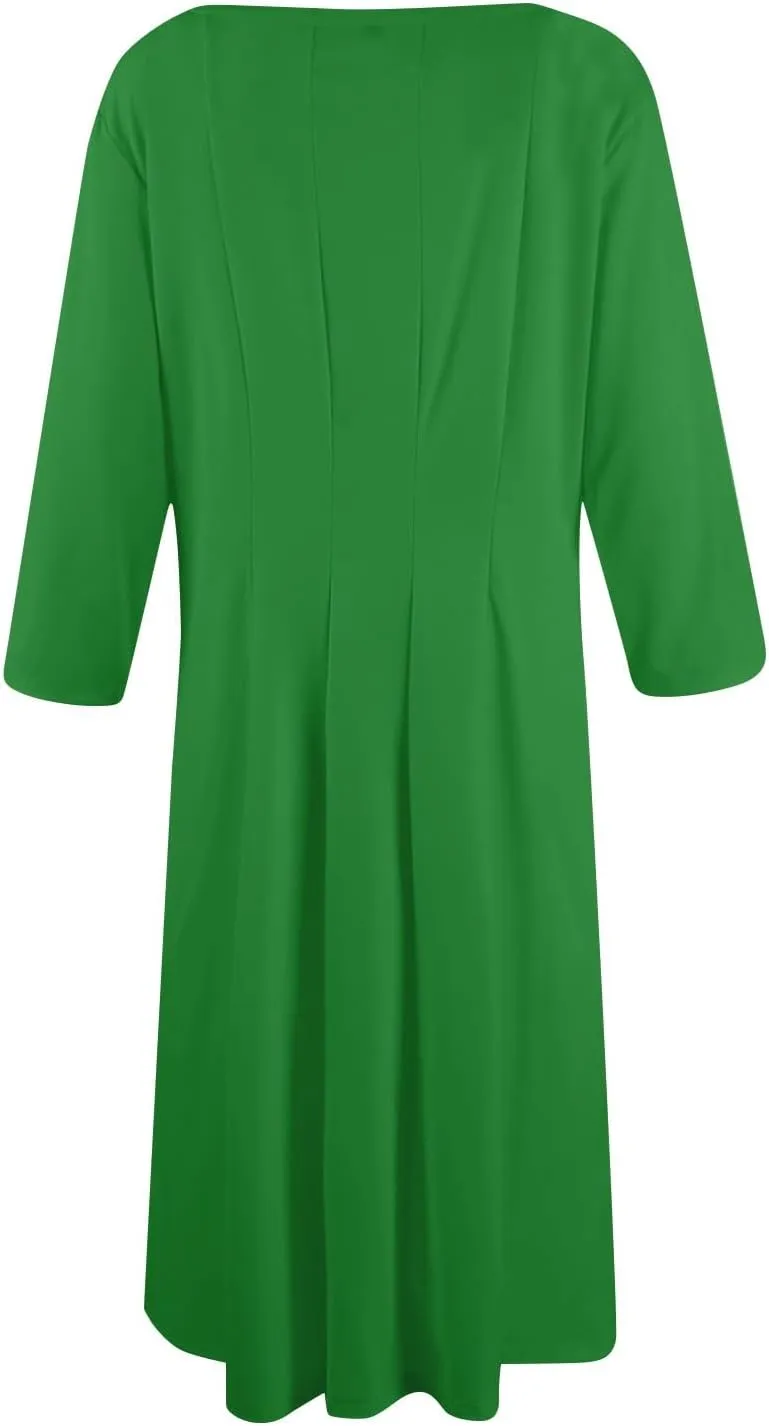 Womens Dress 3/4 Sleeve Summer Wrap Dress Plus Size Solid Plain Pleated Midi Dresses Spring Crewneck Dresses with Pocket