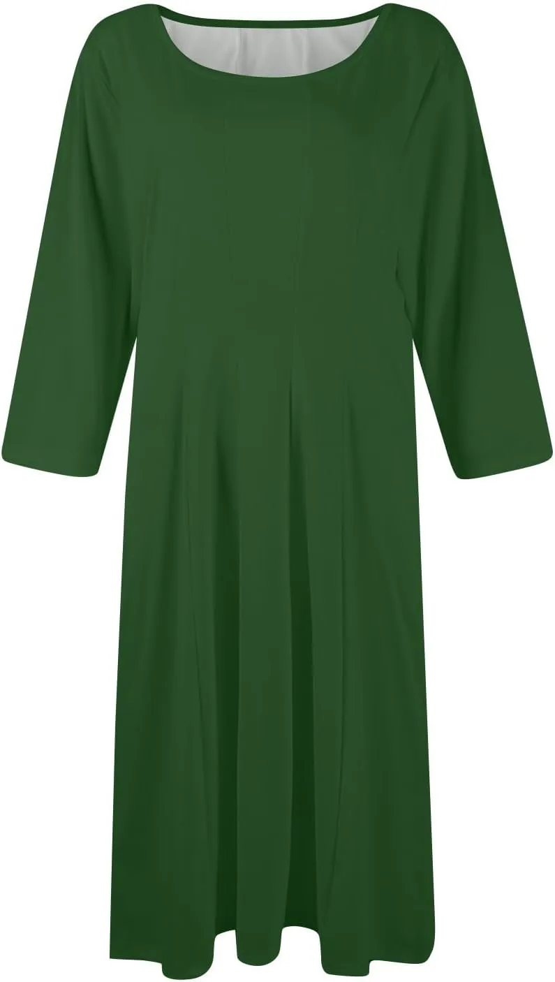 Womens Dress 3/4 Sleeve Summer Wrap Dress Plus Size Solid Plain Pleated Midi Dresses Spring Crewneck Dresses with Pocket