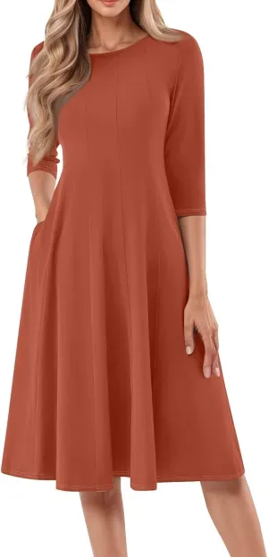 Womens Dress 3/4 Sleeve Summer Wrap Dress Plus Size Solid Plain Pleated Midi Dresses Spring Crewneck Dresses with Pocket