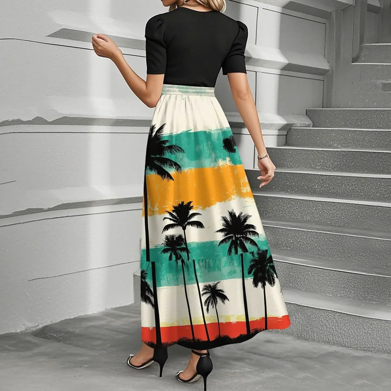Womens Dress Summer Flowy Maxi Dress Highwaisted Short Sleeve Floral Dressed Casual Tea Party Dresses with Belt