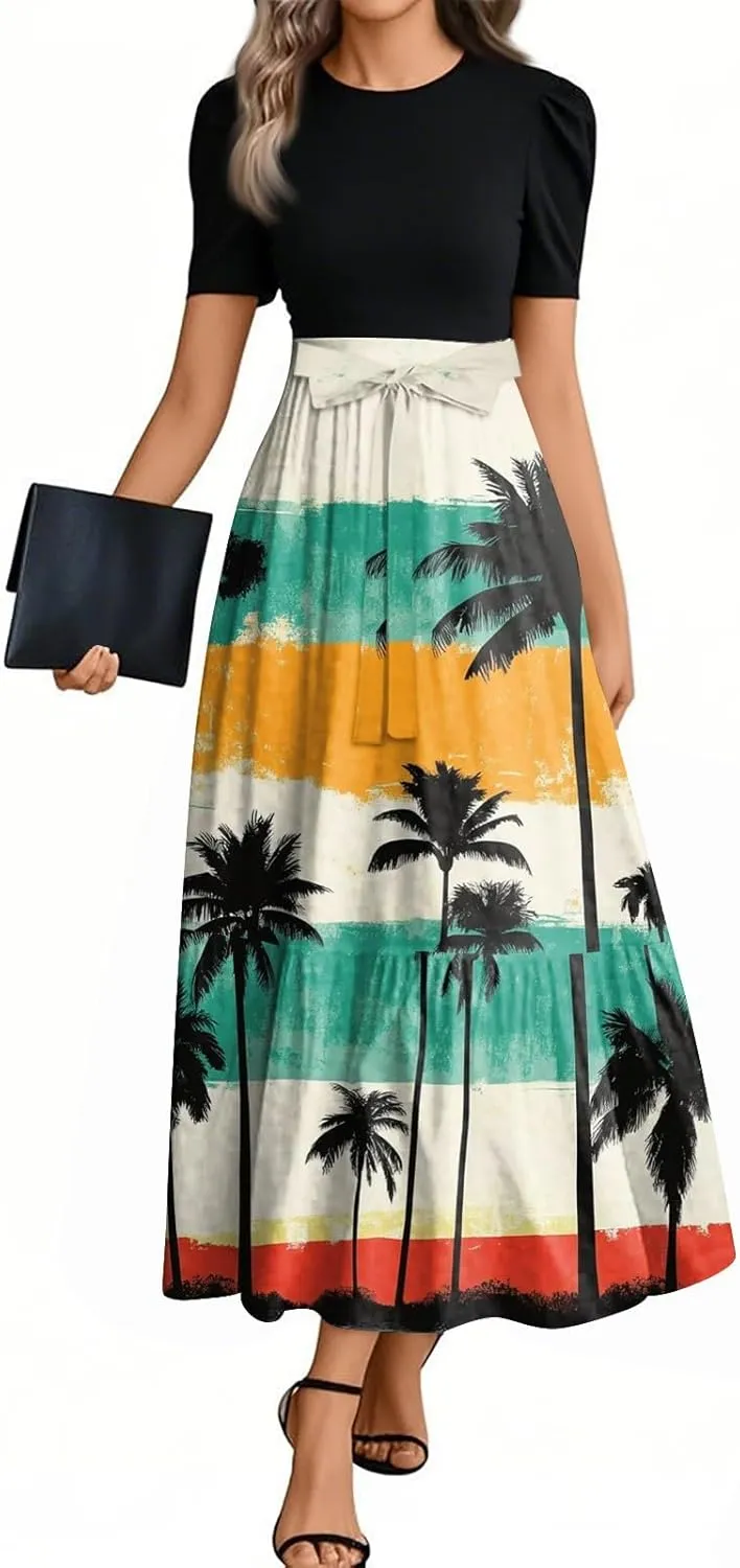 Womens Dress Summer Flowy Maxi Dress Highwaisted Short Sleeve Floral Dressed Casual Tea Party Dresses with Belt