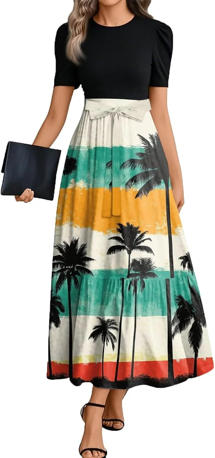 Womens Dress Summer Flowy Maxi Dress Highwaisted Short Sleeve Floral Dressed Casual Tea Party Dresses with Belt