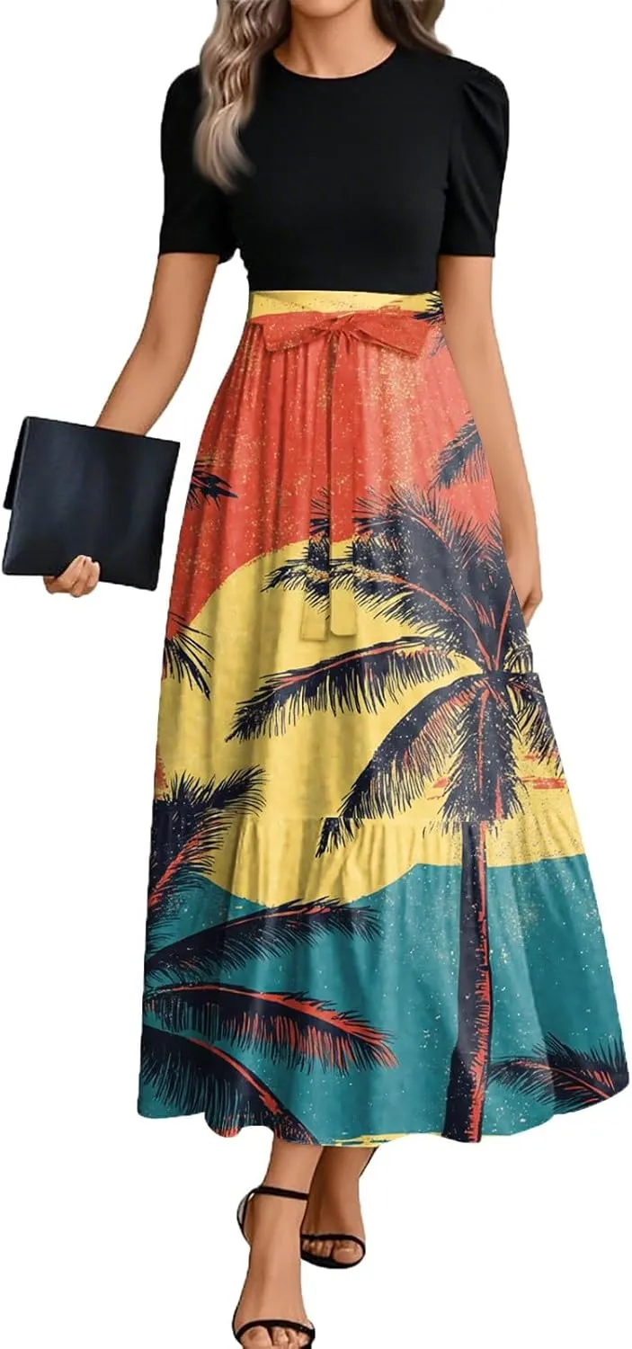 Womens Dress Summer Flowy Maxi Dress Highwaisted Short Sleeve Floral Dressed Casual Tea Party Dresses with Belt