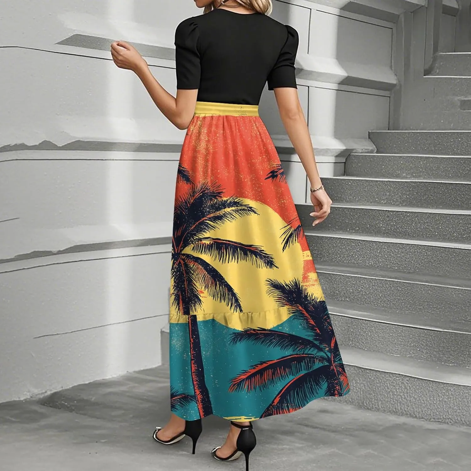 Womens Dress Summer Flowy Maxi Dress Highwaisted Short Sleeve Floral Dressed Casual Tea Party Dresses with Belt