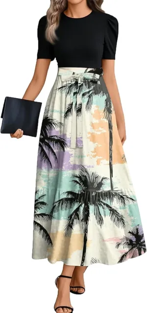 Womens Dress Summer Flowy Maxi Dress Highwaisted Short Sleeve Floral Dressed Casual Tea Party Dresses with Belt