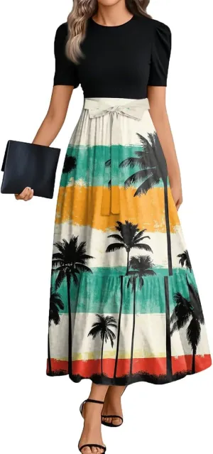 Womens Dress Summer Flowy Maxi Dress Highwaisted Short Sleeve Floral Dressed Casual Tea Party Dresses with Belt