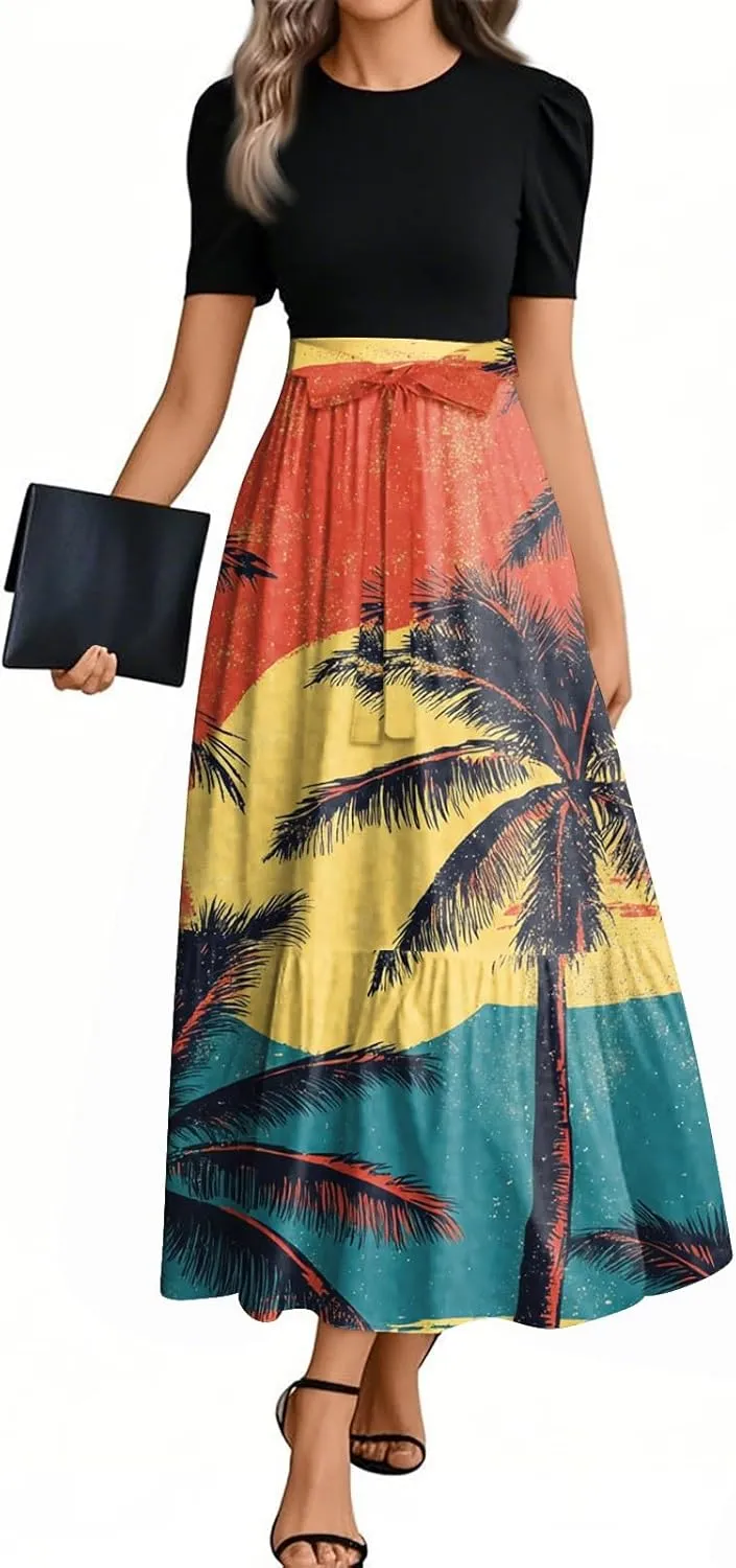 Womens Dress Summer Flowy Maxi Dress Highwaisted Short Sleeve Floral Dressed Casual Tea Party Dresses with Belt