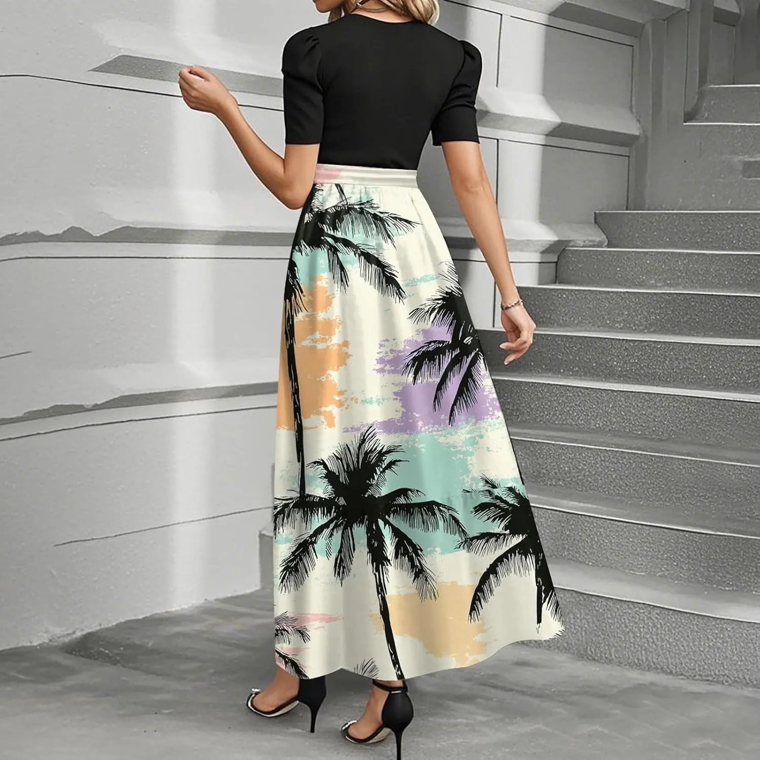 Womens Dress Summer Flowy Maxi Dress Highwaisted Short Sleeve Floral Dressed Casual Tea Party Dresses with Belt