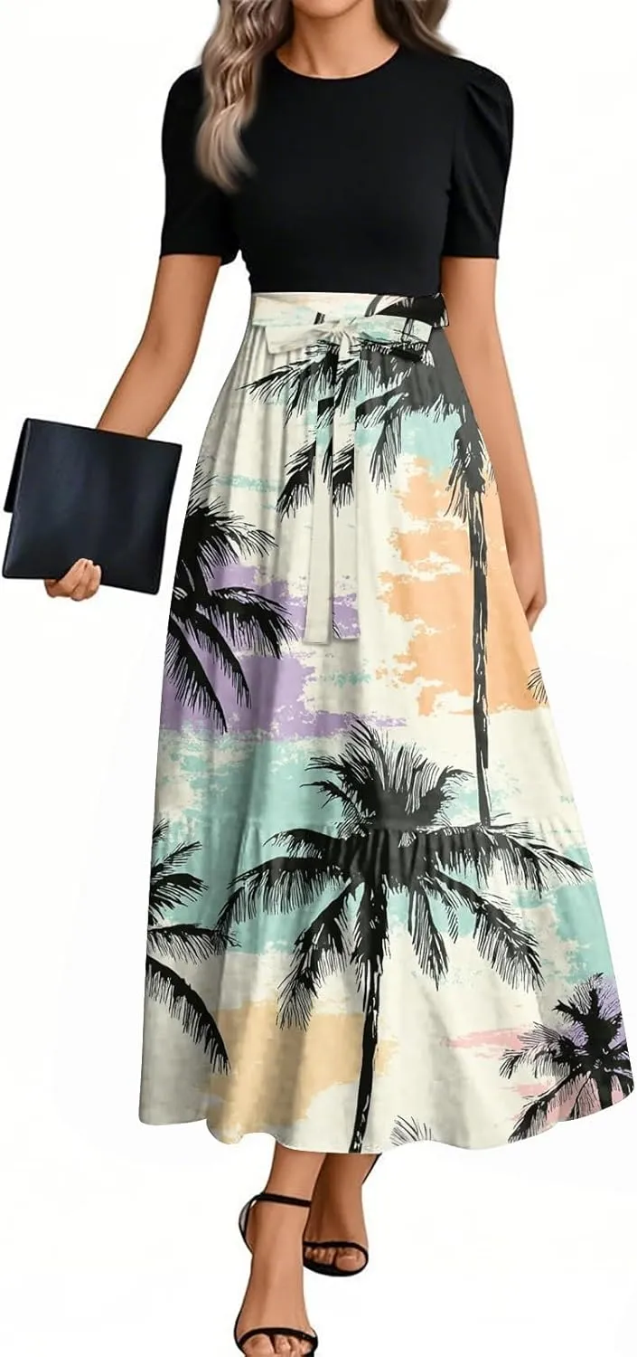 Womens Dress Summer Flowy Maxi Dress Highwaisted Short Sleeve Floral Dressed Casual Tea Party Dresses with Belt