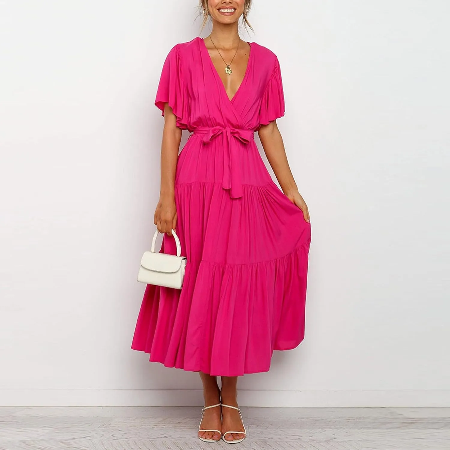 Womens Dresses Spring Sexy Dresses Short Sleeve Ruched Dress V Neck Tiered A Line Dress Summer with Belt