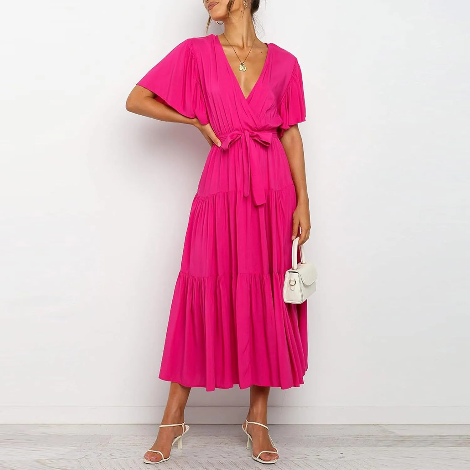 Womens Dresses Spring Sexy Dresses Short Sleeve Ruched Dress V Neck Tiered A Line Dress Summer with Belt