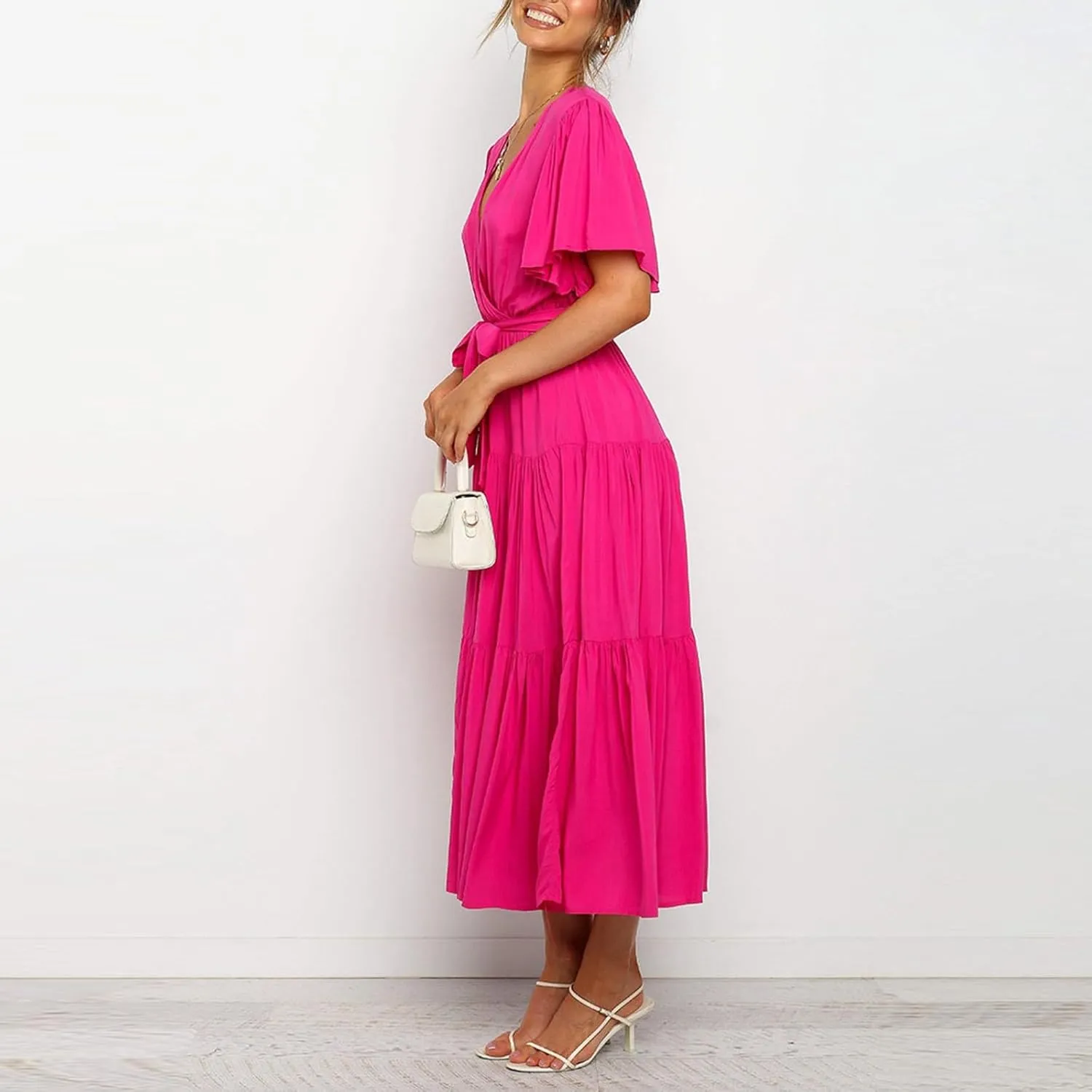 Womens Dresses Spring Sexy Dresses Short Sleeve Ruched Dress V Neck Tiered A Line Dress Summer with Belt