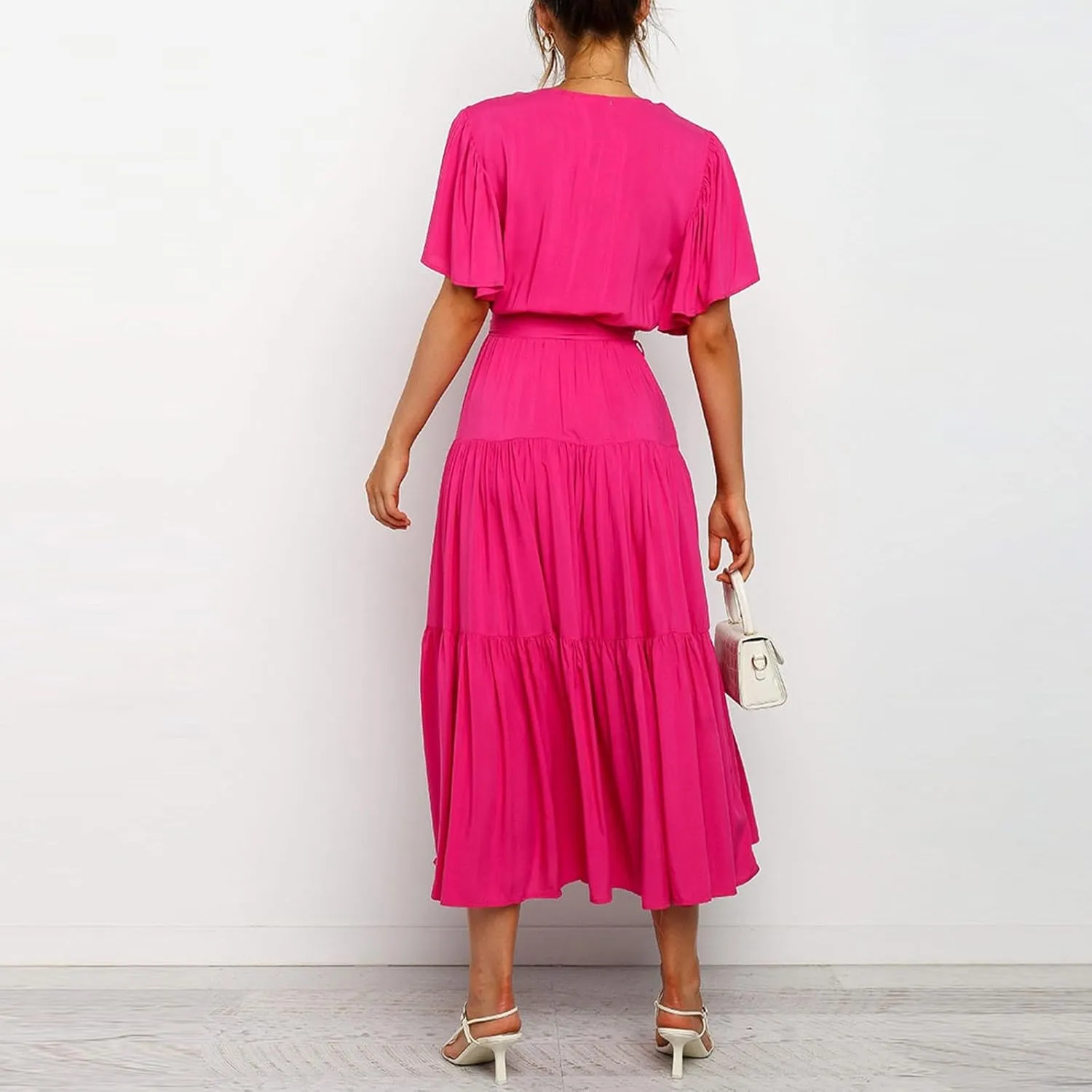 Womens Dresses Spring Sexy Dresses Short Sleeve Ruched Dress V Neck Tiered A Line Dress Summer with Belt