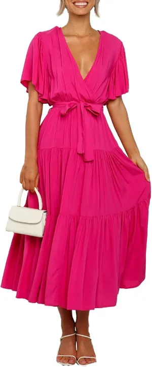 Womens Dresses Spring Sexy Dresses Short Sleeve Ruched Dress V Neck Tiered A Line Dress Summer with Belt