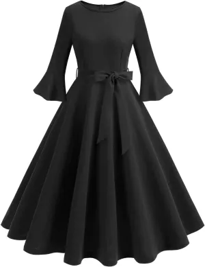 Women's Elegant Bell Sleeve Cocktail Party Dresses for Wedding Guest Fit Flare Swing Hem Midi Evening Dress 2025