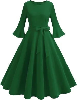 Women's Elegant Bell Sleeve Cocktail Party Dresses for Wedding Guest Fit Flare Swing Hem Midi Evening Dress 2025