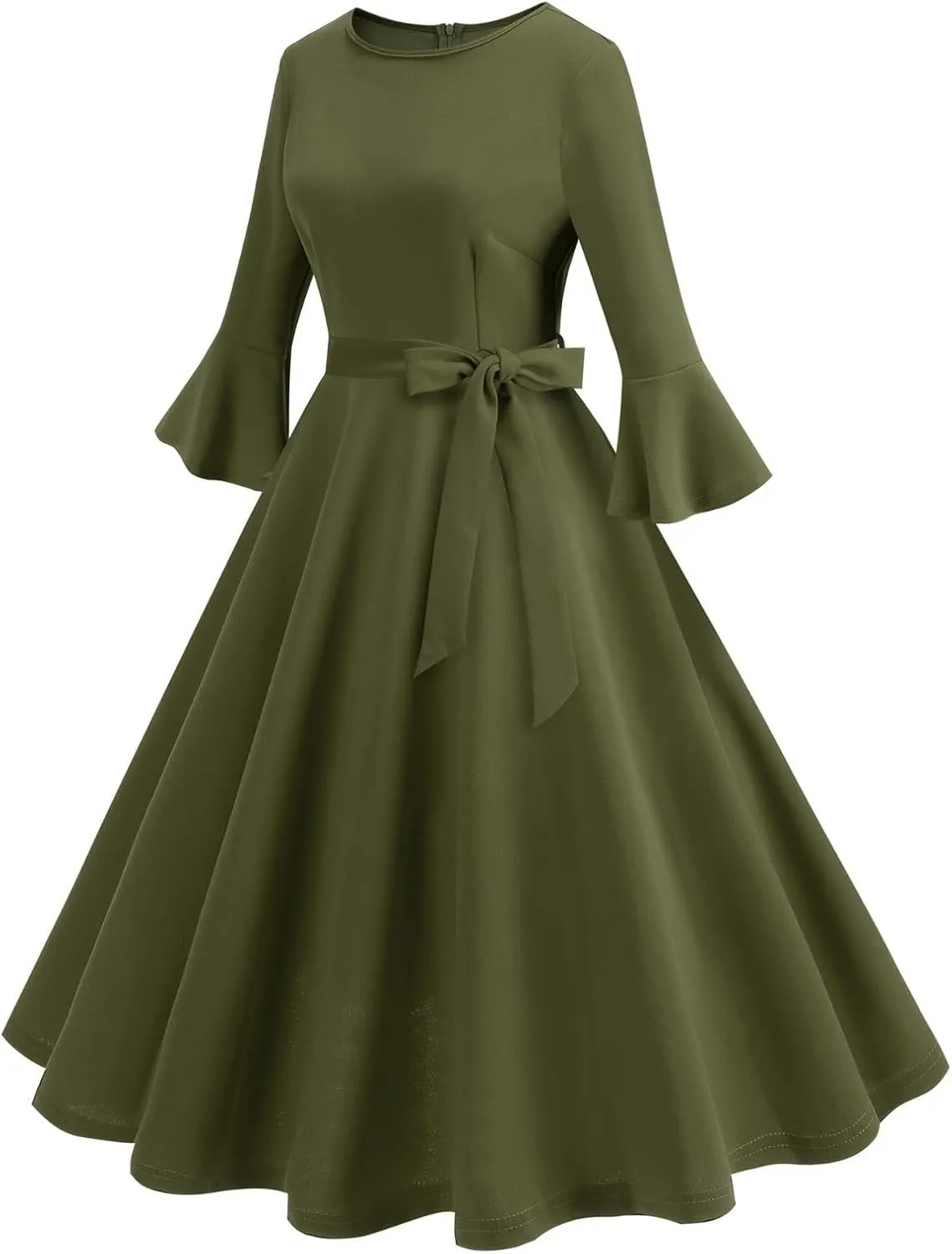 Women's Elegant Bell Sleeve Cocktail Party Dresses for Wedding Guest Fit Flare Swing Hem Midi Evening Dress 2025