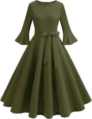 Women's Elegant Bell Sleeve Cocktail Party Dresses for Wedding Guest Fit Flare Swing Hem Midi Evening Dress 2025