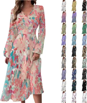 Womens Fall Dresses Long Sleeve V Neck Floral Print Wrap Maxi Dress Ruffle A-Line Flowy Long Dresses
