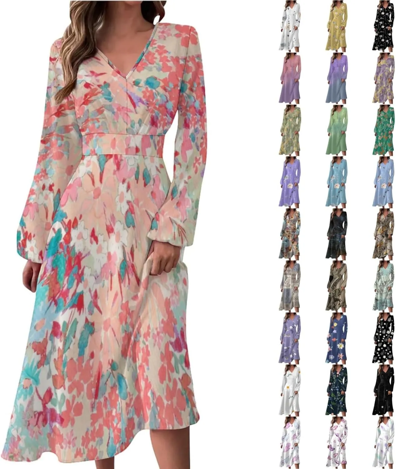 Womens Fall Dresses Long Sleeve V Neck Floral Print Wrap Maxi Dress Ruffle A-Line Flowy Long Dresses