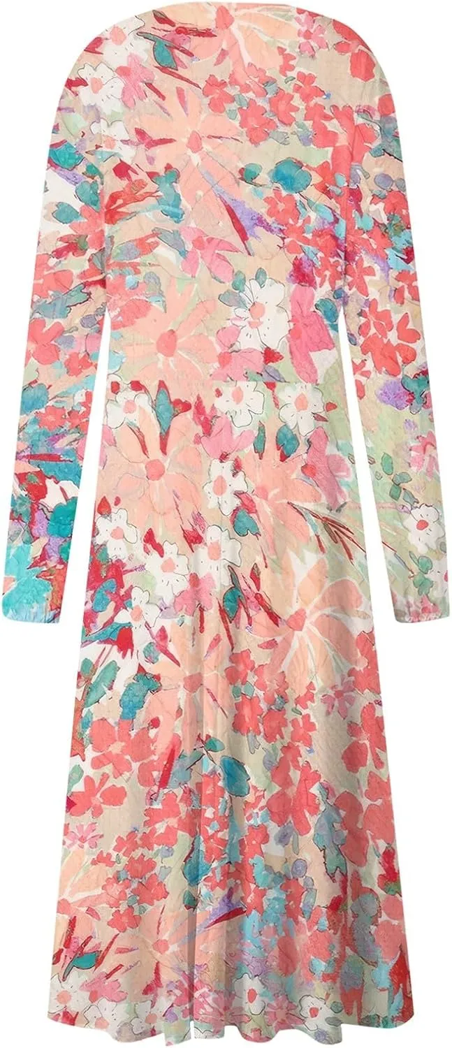 Womens Fall Dresses Long Sleeve V Neck Floral Print Wrap Maxi Dress Ruffle A-Line Flowy Long Dresses