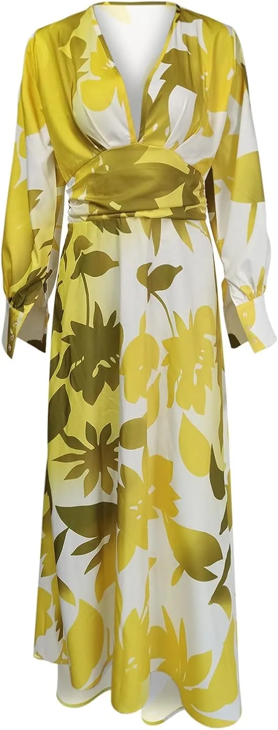 Women's Fashionable and Comfortable High Waist Temperament Printed V Neck Casual Dress Comfy Summer Dresses for