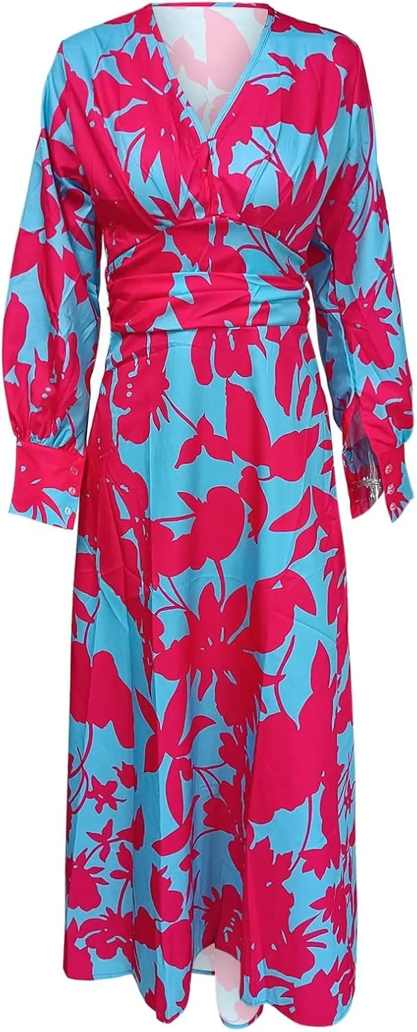 Women's Fashionable and Comfortable High Waist Temperament Printed V Neck Casual Dress Comfy Summer Dresses for