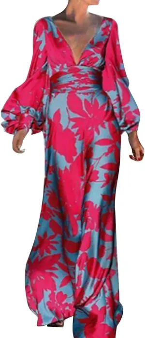 Women's Fashionable and Comfortable High Waist Temperament Printed V Neck Casual Dress Comfy Summer Dresses for