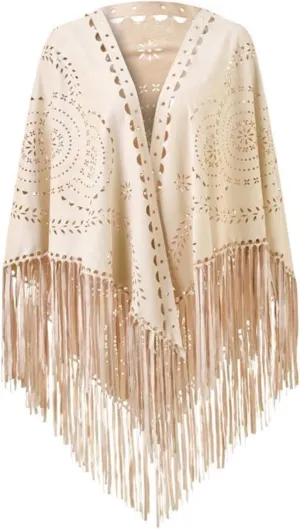 Women's Faux Suedette Shawl Graceful Fringed Cape Cut out Asymmetric Soft Oversized Scarf Wrap Poncho with Tassel