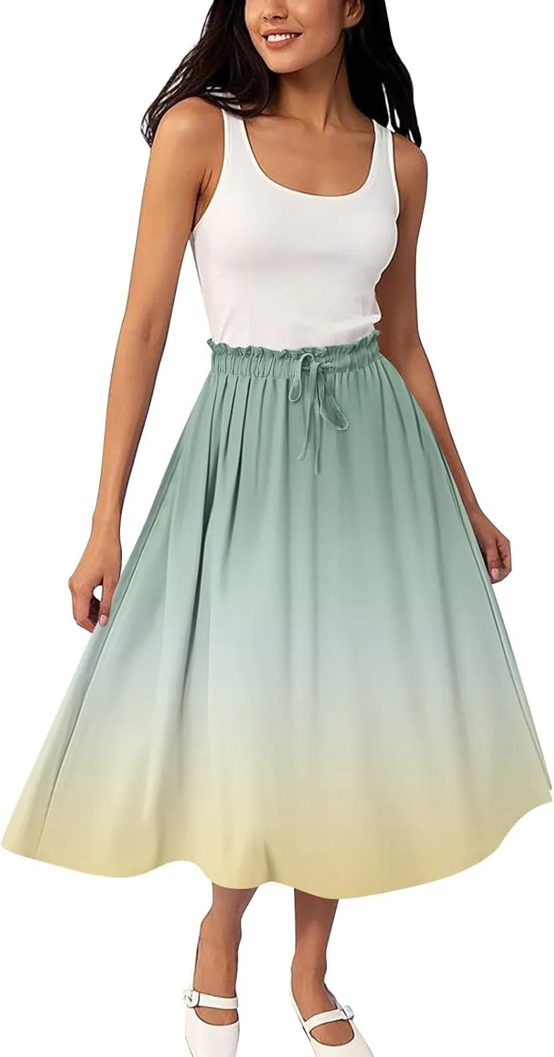 Women's Flowy Maxi Skirt Boho Summer Pleated High Waisted Casual Smocked Long Skirts with Pockets