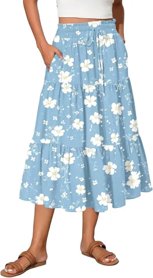 Women's Flowy Maxi Skirt Boho Summer Pleated High Waisted Casual Smocked Long Skirts with Pockets
