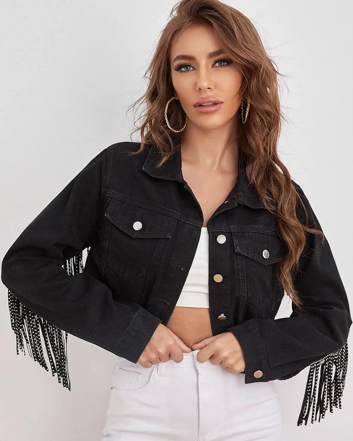 Women's Fringe Jean Jacket Tassel Distressed Ripped Crop Denim Jackets