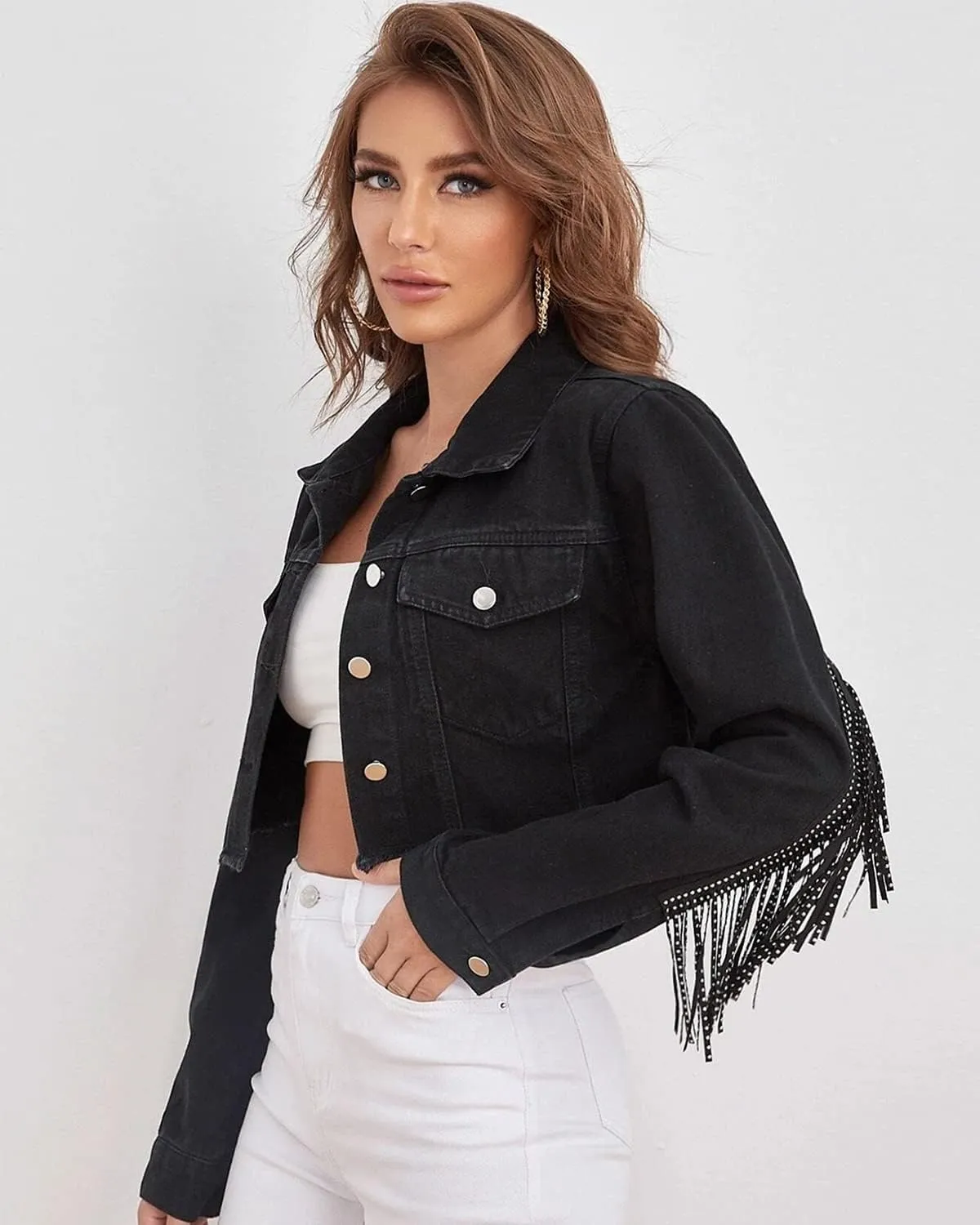 Women's Fringe Jean Jacket Tassel Distressed Ripped Crop Denim Jackets