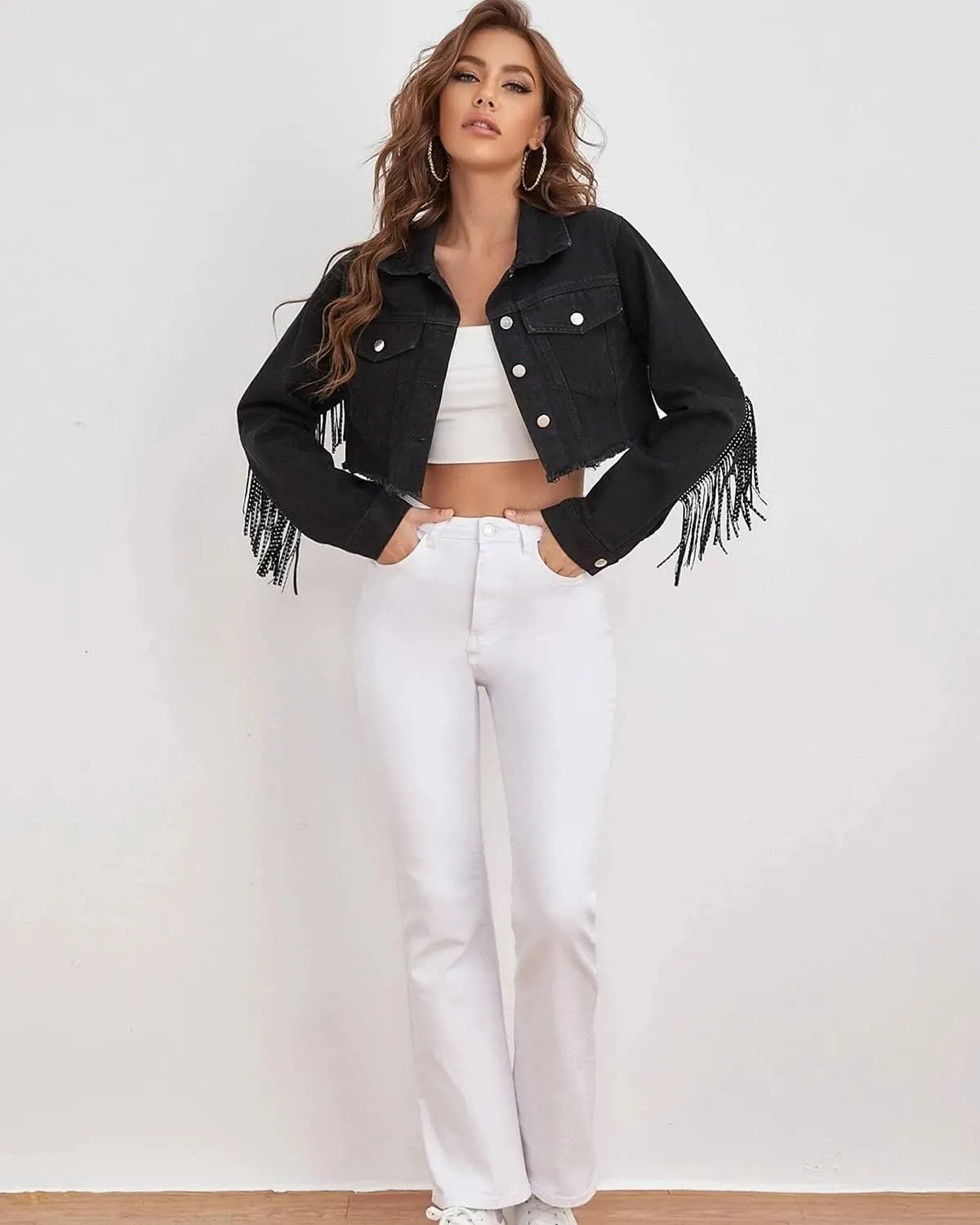 Women's Fringe Jean Jacket Tassel Distressed Ripped Crop Denim Jackets