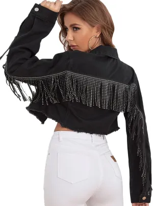 Women's Fringe Jean Jacket Tassel Distressed Ripped Crop Denim Jackets