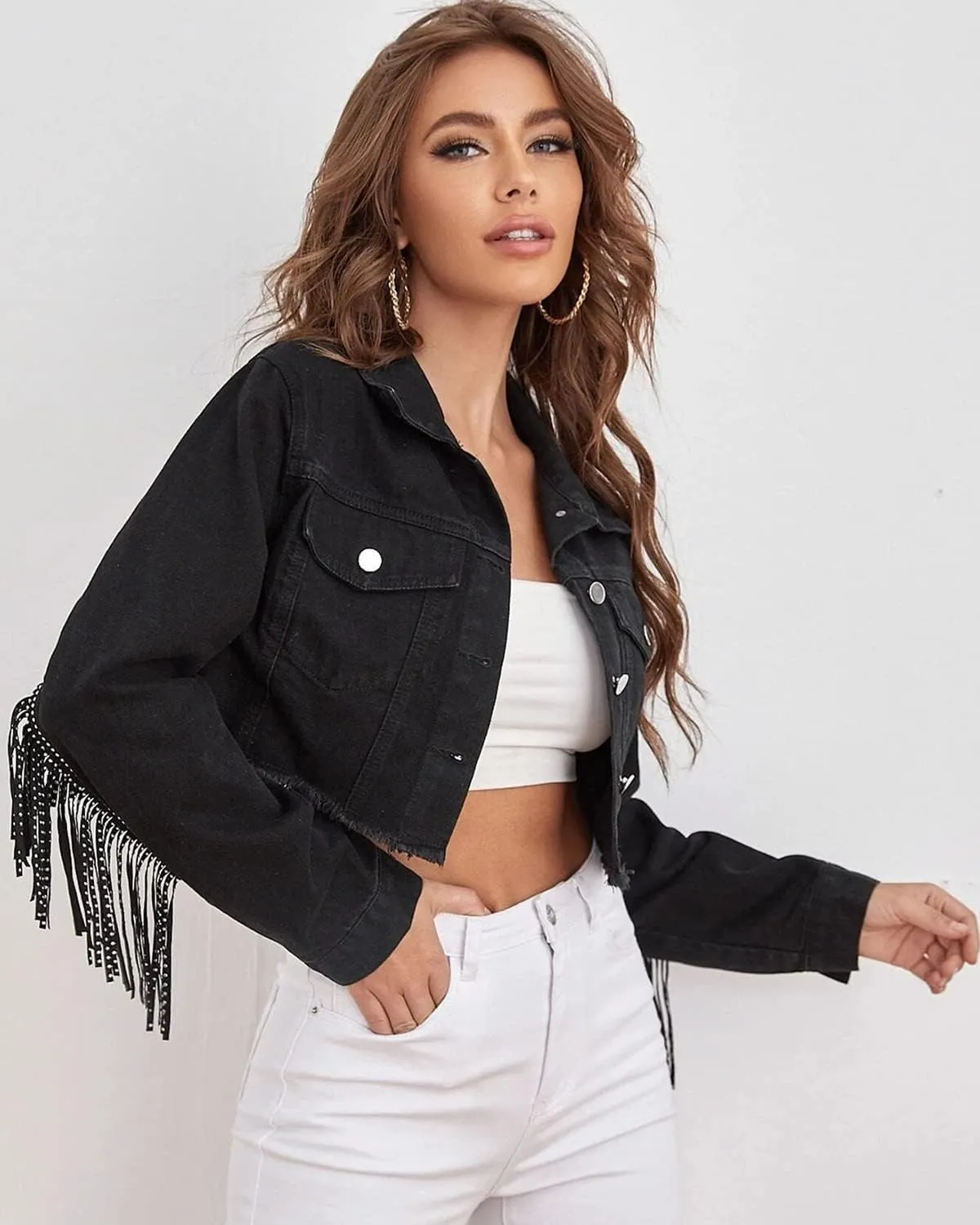 Women's Fringe Jean Jacket Tassel Distressed Ripped Crop Denim Jackets